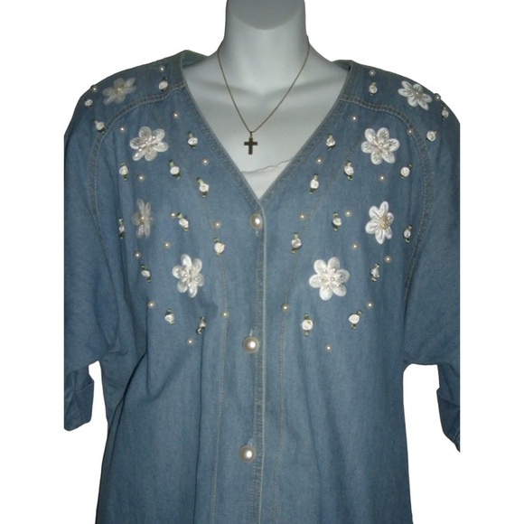 Vintage 80's Bingo Top Denim Pearls Cardigan Flower Sequin Shirt Plus Grandma 16 - Picture 7 of 12